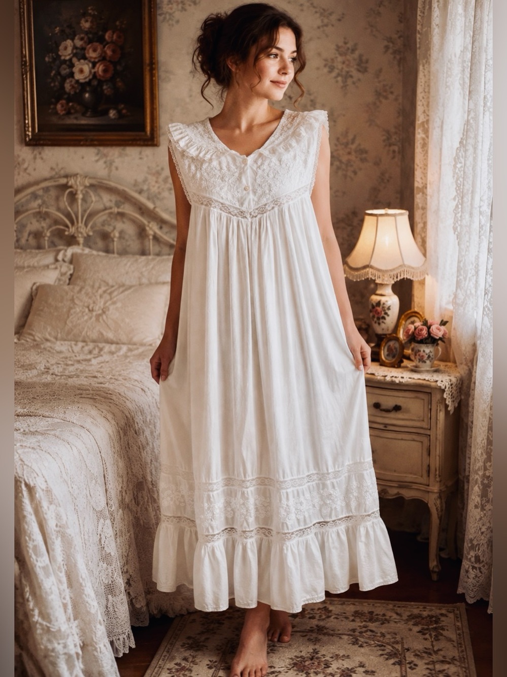 Saybury White Cotton Lace Nightgown Victorian Prairie Cottagecore, Vintage 80s